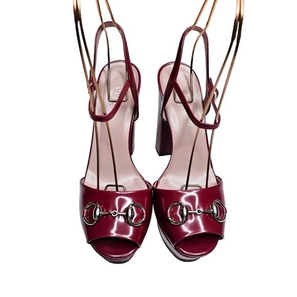 Gucci Claudie Burgundy Red Leather Size 38 Horsebit Platform Block Heel Sandals - Picture 4 of 14